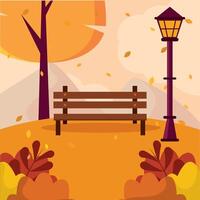 Bench and street lamp in autumn park setting, vector