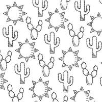Hand-drawn cactus and sun pattern in black line art, vector
