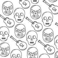 Skulls and guitars with luchador masks pattern, vector