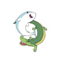 cartoon image of a shark and a crocodile which are the mascots of the city of Surabaya, Indonesia. vector