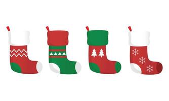Set of 4 Christmas decoration sock in various design pattern pine tree silhouette, geometric and snow flake in simple flat art illustration asset editable template vector