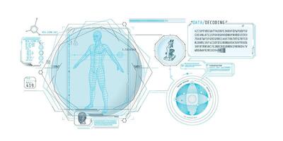 Medical research futuristic interface screen with data decoding. vector