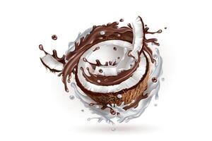 Sliced coconut in a milky and chocolate splash. vector
