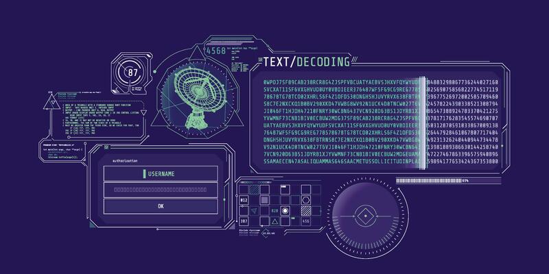 Futuristic HUD interface for radio telescope data decoding.