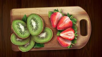 Chopped kiwi and strawberries on a cutting board. vector