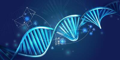 Glowing DNA spiral and HUD elements on a dark blue background. vector