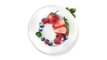 Composition of berries. strawberries, raspberries and blueberries on a white plate. vector