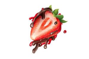 Half a strawberry in splashes of chocolate and juice. vector