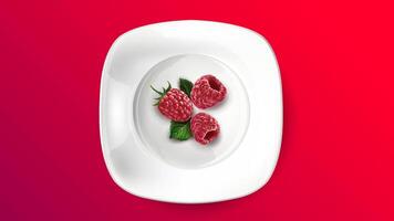 Composition of fresh raspberries on a white plate. vector