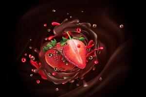 Chocolate splash with strawberries on a chocolate background. vector