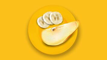 Sliced banana and pear on a yellow plate. vector