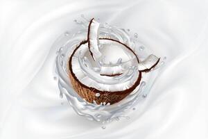 Sliced coconut in a splashing milky background. vector