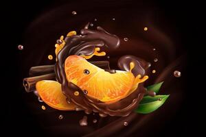 Tangerine slices and cinnamon sticks in dark chocolate. vector