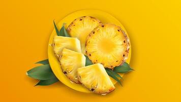 Sliced juicy pineapple on a yellow plate. vector