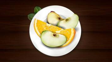 Sliced orange and apple on a white plate. vector