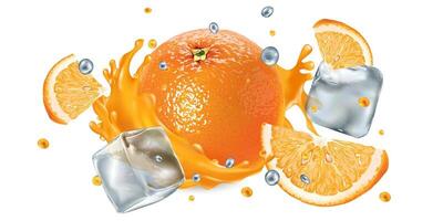 Fresh orange in a splash of juice with ice cubes and flying droplets vector