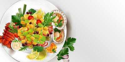 Vegetable salad with lobster, scallops and red caviar. vector