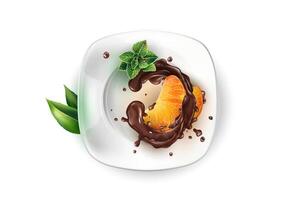 Slices of tangerine in chocolate on a white plate. vector