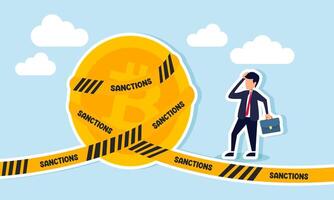 A businessman is confused by a bitcoin sealed with a ribbon labeled SANCTIONS, illustration of sanctions received for abusing bitcoin assets vector