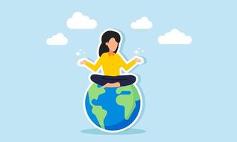 A businesswoman meditates on a globe, illustration of calmness in responding to emerging business trends or issues vector