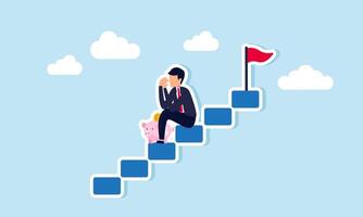 A sad businessman sits on the stairs next to a piggy bank, illustration of failure in investment strategy implementation vector