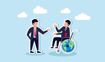 A businessman talks to another businessman in a wheelchair next to a globe, illustration of sharing with others or mentors to find solutions for keeping up with emerging business trends vector
