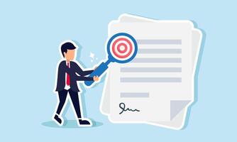 A businessman examines a contract with a magnifying glass showing a target board label, illustration of studying the business targets section in a business agreement vector