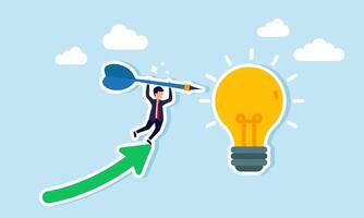 A businessman jumps from an upward arrow holding a dart, aiming to pin it on a glowing light bulb, illustration of targeting ideas and innovations to be realized in business vector