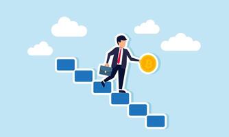 A businessman carrying bitcoin walking down stairs, illustration of declining investment asset valuation of bitcoin vector