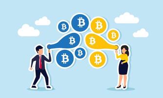 A businessman and businesswoman are blowing up colorful bitcoin balloons, illustration of competition in collecting bitcoin assets with their own methods and strategies vector