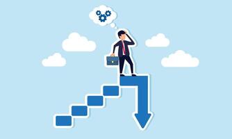 A businessman stands at the end of a staircase with a downward arrow, confused with a machine gear, illustration of analyzing business management with decrease performance vector