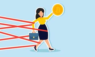 A businesswoman holding a bitcoin is tangled and trapped in ropes, illustration of mistakes in implementing bitcoin investment strategies vector