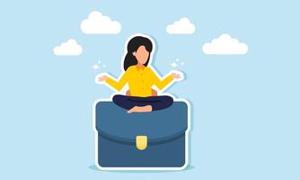 A businesswoman meditating on a briefcase, illustration of calmness in completing business projects vector