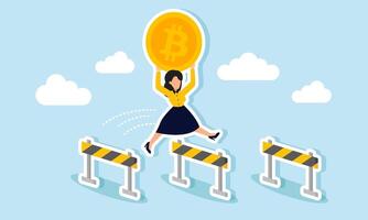 A businesswoman is jumping over a barrier while carrying a bitcoin, illustration of saving bitcoin assets from various problems and issues vector