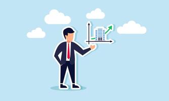 A businessman points to a rising graph of office buildings and businesses, illustration of showcasing performance and valuation of owned businesses vector
