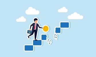 A businessman carrying bitcoin climbs stairs and discovers a broken step ahead, illustration of being aware of dangers threatening bitcoin investment assets vector