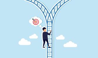A businessman climbs a branching staircase while contemplating a target board, illustration of analysis in executing business according to set targets vector