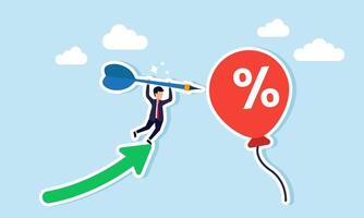 A businessman jumps from an upward arrow holding a dart, aiming to pin it on a discount balloon, illustration of targeting a business product at a specific price with discount promo vector