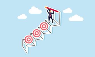 A businessman is drawing a ladder with a pencil, where the ladder has a target board on it, illustrating a step-by-step approach to achieving company business targets vector