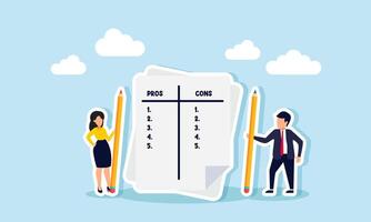 A businessman and businesswoman hold a pencil next to a pros and cons list, illustration of conducting a survey or providing an objective assessment of the company's performance vector