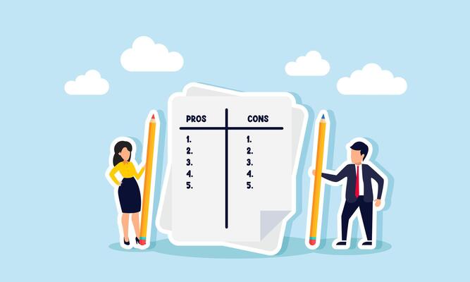 A businessman and businesswoman hold a pencil next to a pros and cons list, illustration of conducting a survey or providing an objective assessment of the company's performance