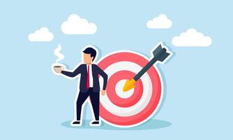 A businessman stands next to a target board with his warm coffee, illustration of enjoying business achievements vector
