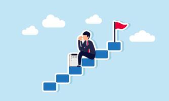 A sad businessman sits on the stairs next to a to do list board, illustration of failure in completing business tasks that dont match the list vector