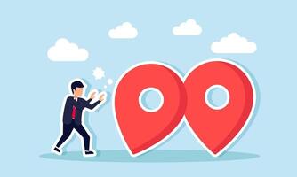 A businessman pushing a row of location pins until they fall and hit other pins, illustration of poor location mapping management leading to suboptimal business growth vector