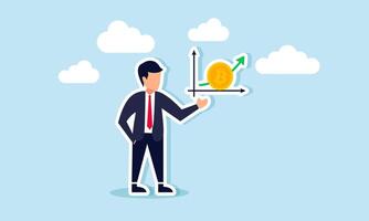 A businessman points to a rising Bitcoin graph, illustration of showcasing performance and results of effective Bitcoin investment strategies vector