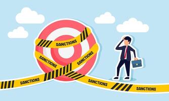 A businessman is confused by a target board sealed with a ribbon labeled SANCTIONS, illustration of sanctions on business targets that violate regulations vector