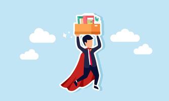 A super businessman flies above the sky while lifting work equipment, illustrating a high-performing employee handling job demands while maintaining strong performance vector