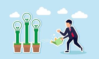 A businessman watering several light plants, illustration of maintaining business quality by constantly generating ideas and innovations vector