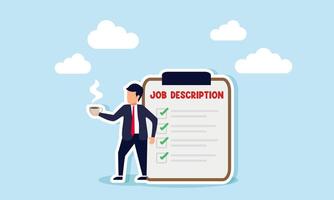 A businessman stands next to a job description board with his warm coffee, illustration of enjoying business progress step by step vector