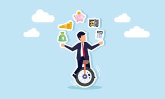 A businessman rides a unicycle while juggling items about financial management, illustration of stability in implementing effective and efficient financial management vector